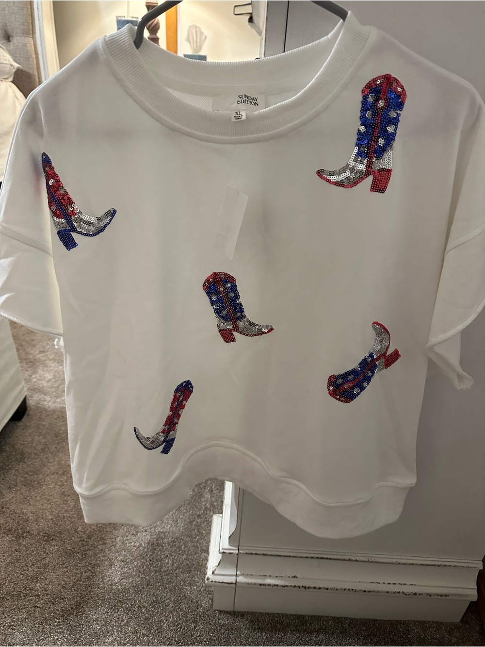 White Sequin Cowboy Boot Appliqué Tee -